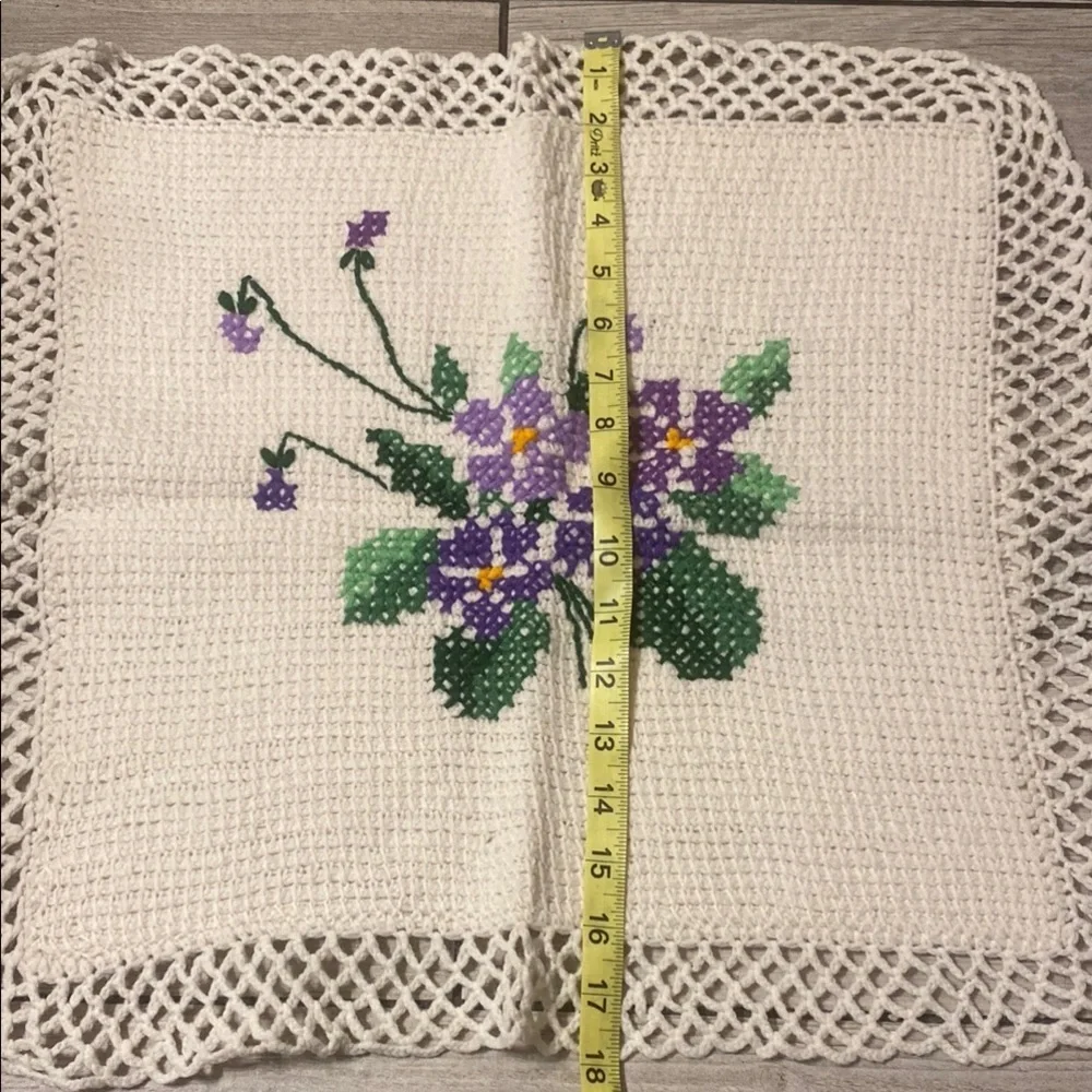 Handmade Cross-Stitch Doily with Purple Flowers Cottagecore Prairie